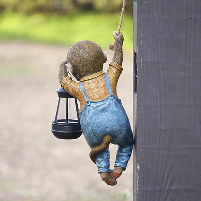 Outdoor Monkey Sculpture Hanging Monkey Garden Statue with Solar Lantern, 13 x 5.5 x 3.93 inches, Decorative Resin Outdoor Sculpture