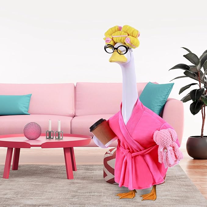 Lady Porch Goose Outfits,Bathrobe Porch Goose Statue Costume with Curlers Reading Glasses Coffee Cup Towel,Cute Goose Clothes for 23-Inch Cement or Plastic Statue,Lawn Yard Garden Patio Decor(Pink)