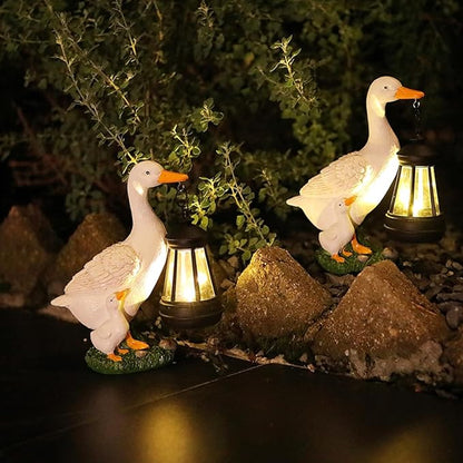Garden Duck Statue with Solar Lantern, 7.7 Inches Resin White Duck Figurines Light Yard Art Sculpture Outdoor Decor for Patio Lawn Backyard Porch Ornaments