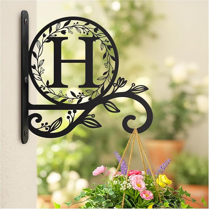 Personalized Initial Metal Plant Hanger Bracket, Decorative Wall Mount Hanging Plant Hook, Monogram Floral Leaf Garden Stake for Hanging Baskets Bird Feeders Lanterns Wind Chime (H)