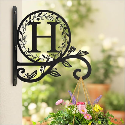 Personalized Initial Metal Plant Hanger Bracket, Decorative Wall Mount Hanging Plant Hook, Monogram Floral Leaf Garden Stake for Hanging Baskets Bird Feeders Lanterns Wind Chime (H)