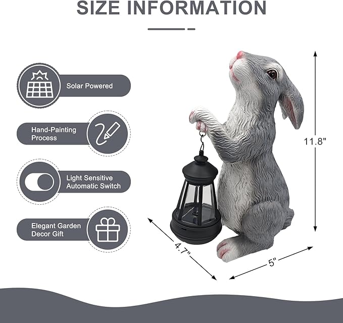Solar Rabbit Garden Statue with Lights - Whimsical Solar Powered Bunny Figurine for Outdoor Decor, Auto On/Off Waterproof Patio, Yard, Lawn, Balcony Decorations, Unique Gift for Women & Mom