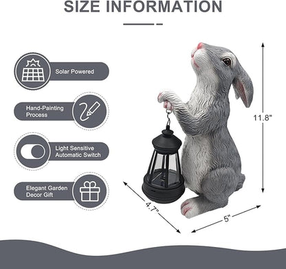 Solar Rabbit Garden Statue with Lights - Whimsical Solar Powered Bunny Figurine for Outdoor Decor, Auto On/Off Waterproof Patio, Yard, Lawn, Balcony Decorations, Unique Gift for Women & Mom