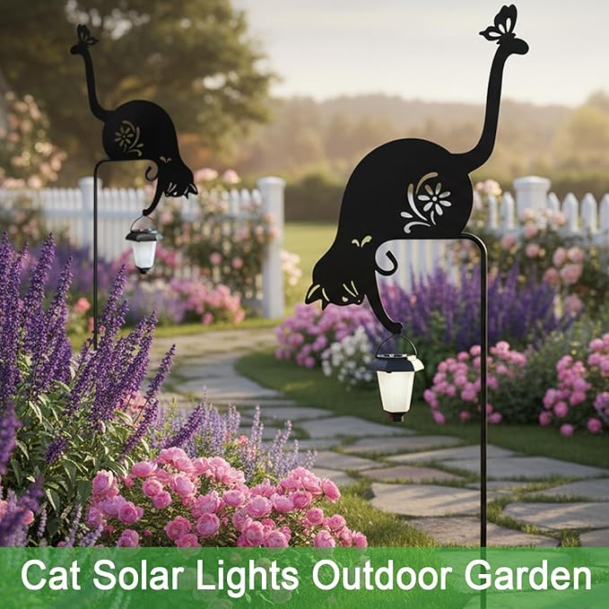 Cat Solar Lights Outdoor Garden, Black Cat Garden Statue,Black Cats Outdoor Decorations with Solar Lantern