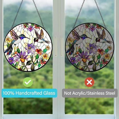 Hummingbird Stained Glass Suncatcher Window Hanging - Handmade Birds Flowers Sun Catchers Ornament - Suncatchers for Doors Home Garden Decor - Mother's Day Birthday Bird Lover Gift for Mom Grandma