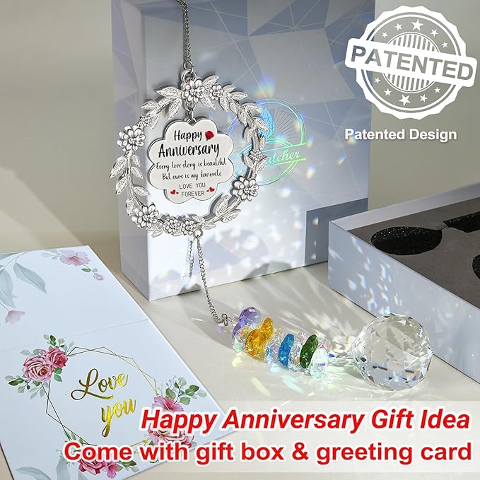 Happy Anniversary Suncatcher Gifts for Wife, Sun Catcher Wedding Gift for Couple, Hanging Crystal Sun Catcher Ornament for Window Rainbow Maker, Anniversary Romantic Gift Ideas for Girlfriend Women