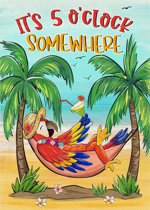 Welcome Summer Parrot Bird Decorative Garden Flag, It's 5 O'clock Somewhere Beach Coastal Tropical Palm Tree Yard Outside Decoration, Hawaii Nautical Outdoor Small Home Decor Double Sided 12x18