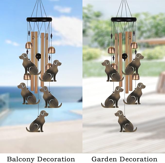 Bronze Dog Wind Chime, Gifts for Mom, Home, Garden, Balconies, Room, Patio, Indoor, Outdoor Decoration, with 4 Aluminum Tubes 5 Dogs Wind Chimes, Doggy Wind Catcher, Puppy Wind Bell Decor