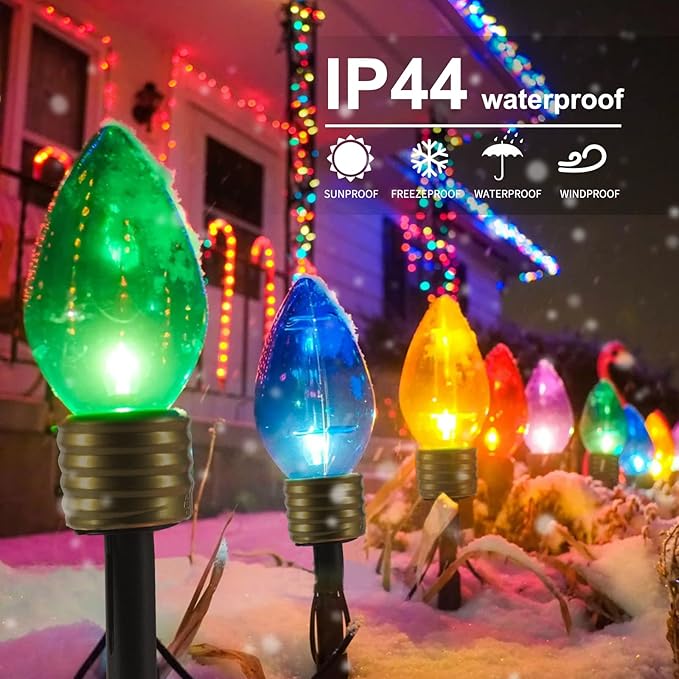 Moonflor Jumbo C9 Christmas Pathway Lights Outdoor - 8.5 Feet 5 LED C9 Walkway Light, C7 Light Covered Jumbo Multicolor Bulb Christmas Lights Outdoor Decorations for Lawn Holiday Outside Yard Garden