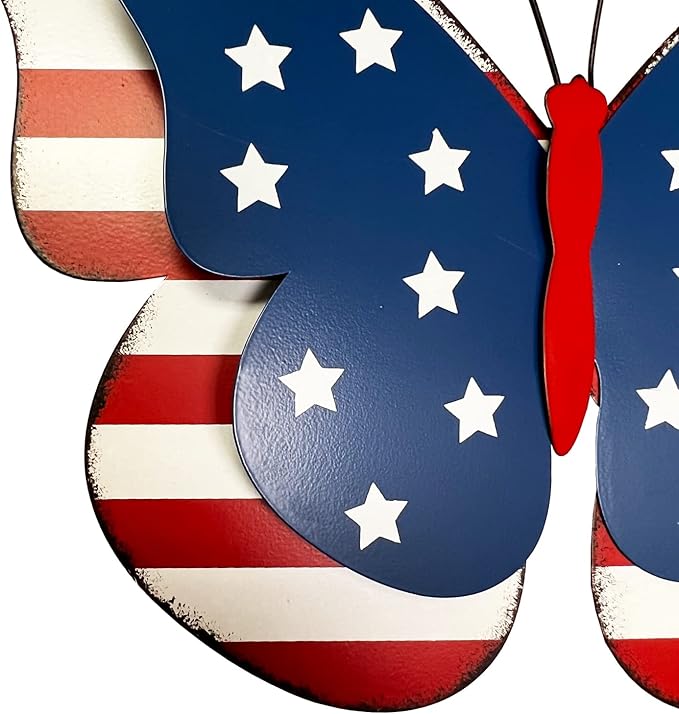 SAGUZOU Rustic Hanging Metal American Flag Patriotic Butterfly Wall Door Yard Signs 4th of July White Blue Red Independence Day Memorial Day Fence Decor Indoor Outdoor Decorations