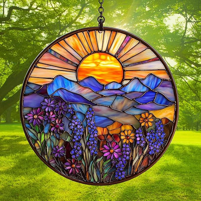 Flower Forest Hill Acrylic Suncatcher Stained Glass Effect Window Car Hanging Christmas Ornament Indoor Outdoor Decor Garden Sun Catcher Panel for Scenery Lover for Women Mom Grandma