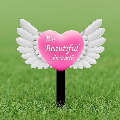Angel Heart Memorial Grave Stake with Too Beautiful for Earth - Metal Sympathy Grave Marker, Rust-Resistant Outdoor Cemetery Decoration(Heart Angel)