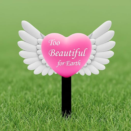 Angel Heart Memorial Grave Stake with Too Beautiful for Earth - Metal Sympathy Grave Marker, Rust-Resistant Outdoor Cemetery Decoration(Heart Angel)
