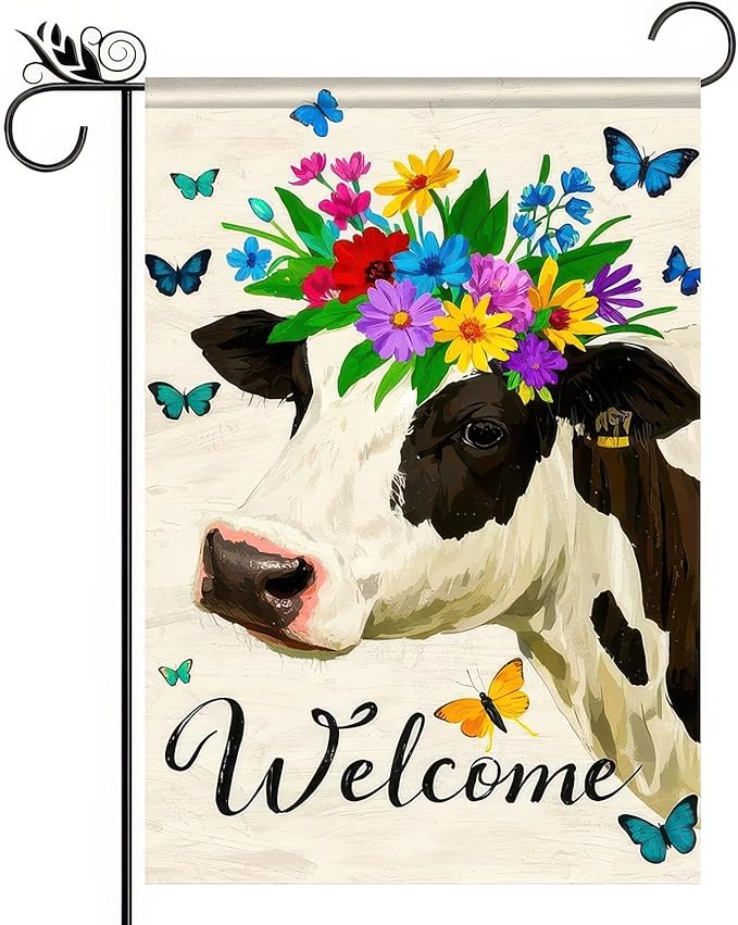 BlissYard Welcome Spring Garden Flag Double Sided 12x18 Inch Cute Cow Seasonal Welcome Small Flags For Outside Outdoor Decor Yard Farmhouse Holiday Spring Summer Decorations Yard Flags