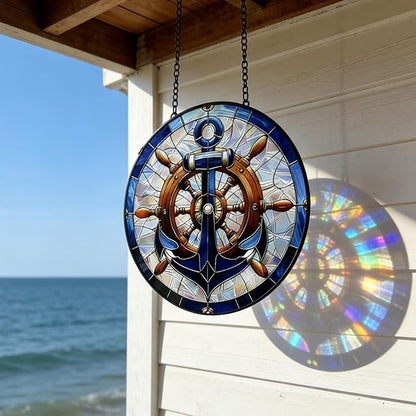Nautical Stained Glass Anchor & Helm Suncatcher, Window/Door Decor for Coastal - Style Homes, Ideal Gift for Sea Lovers, Grandma, Girlfriend