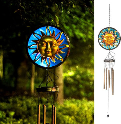 Asense Wind Chimes for Outside, Solar Powered LED Lights Sun Wind Chime, Outdoor Garden Lawn Yard Patio Decoration, Unique Hanging Decor Gifts