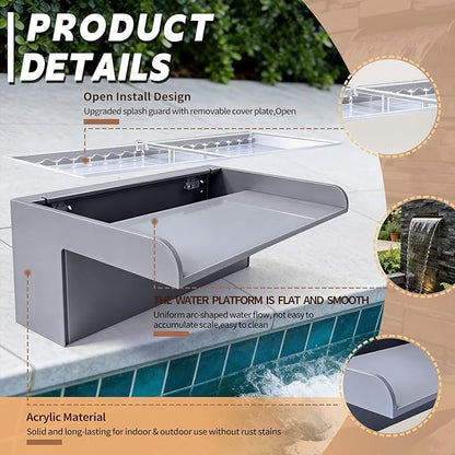 Pool Fountain, Transparent Acrylic Pool Waterfall Spillway with Pipe Connector Kits for Indoor/Outdoor Decorative, 23.6 Inches Pool Water Feature for Garden Patio, Backyard Koi Pond Decor