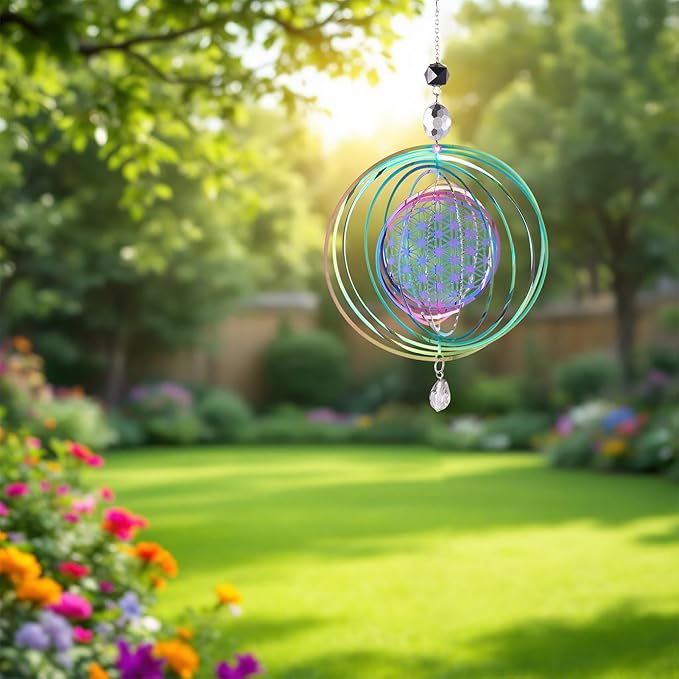 Stainless Steel Reflective Wind Spinners Outsides 3D Wind Chimes Gradient Etched Metal Embellishments for Outdoor Indoor Garden Hanging Decor 2Pcs