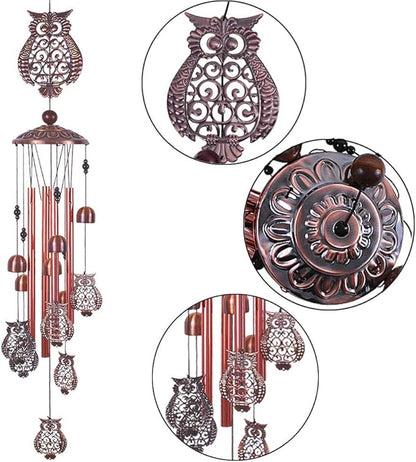 Owl Wind Chimes Outdoor Indoor Decor -with 4 Aluminum Tubes 6 Bells 7 Owls 37Inch Waterproof Mobile Romantic Wind Catcher Owl Windchimes for Home, Xmas Mom Gifts, Balcony, Festival, Garden Decoration