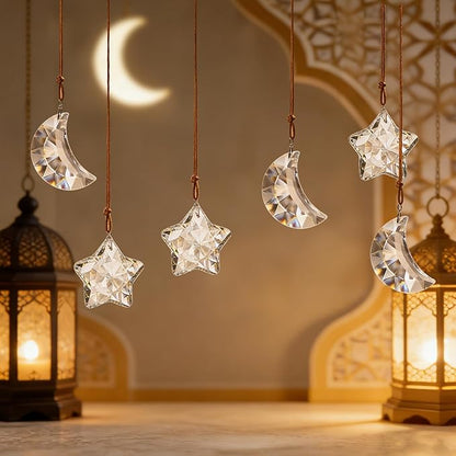 6pcs Clear Crystal Star and Half Moon Prisms Ornaments Faceted Glass Hanging Ornaments for Home Garden Window Wedding Party Decor