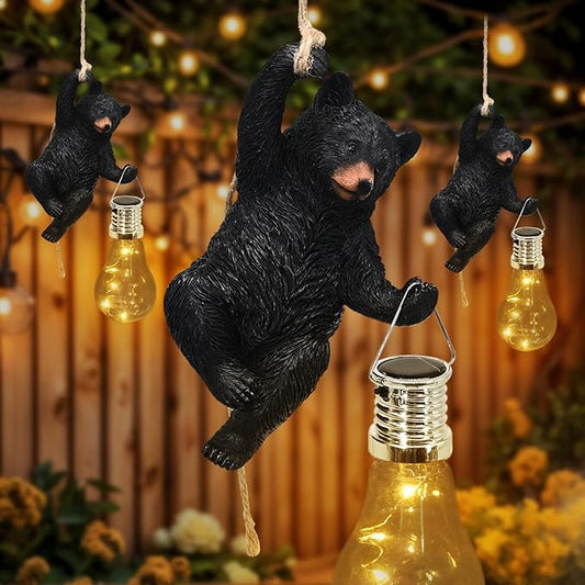 Solar Bear Statues Outdoor: Hanging Garden Decor for Outside Cabin Porch Light Yard Decorations Tree Ornaments Small Resin Figurines Funny Gifts Mama Women