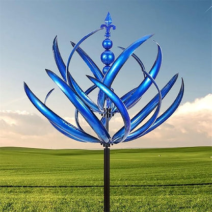 360° Outdoor Wind Spinner, Garden Pinwheels Metal Wind Sculpture Spinner with Gardens Stake, Rotating Windmill Yard Art Decor for Patio, Lawn & Garden (Blue)
