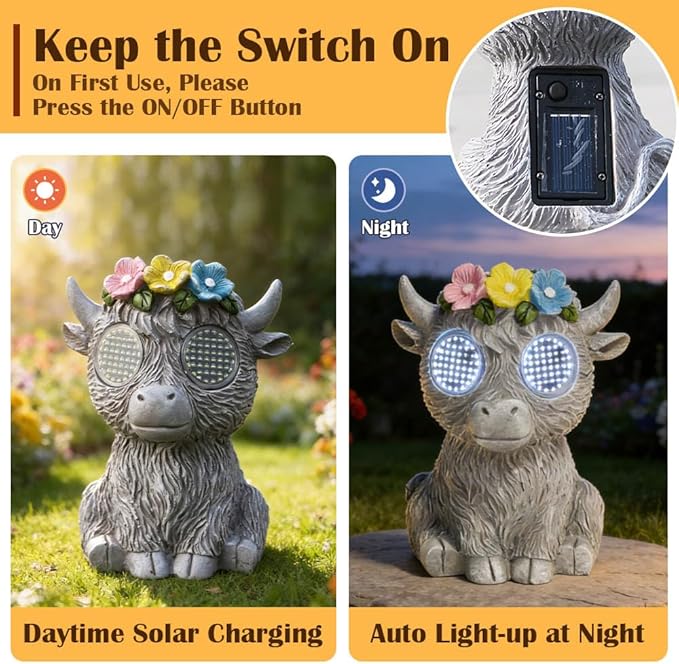 Outdoor Solar Garden Statue, Dynamic LED Light with Flower Sculpture, Art Decor for Patio Porch Lawn Backyard, Housewarming Gifts for Women (Stone Highland Cow)