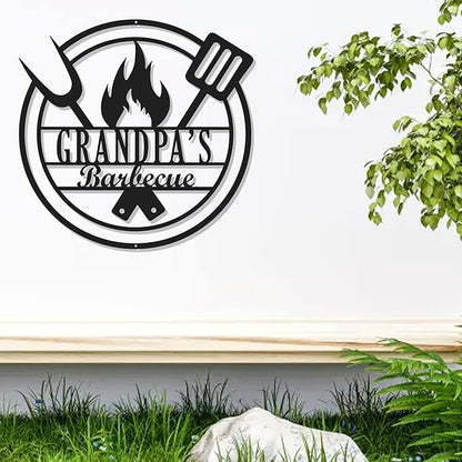 Custom BBQ Grill Name Sign - Personalized Outdoor Kitchen Metal Sign - Backyard Barbecue Hanging Decor - Man Cave Accessories for Dad, Grandpa, Husband - Patio Party Sign