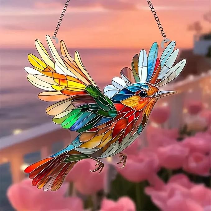 7.8inch Stain Glass Sun Catcher Window Hanging Bird Suncatchers with Metal Chain，Hummingbird Suncatcher Double Side Window Ornament Decoration Indoor Outdoor Ornament for Garden Home Housewarming Gift