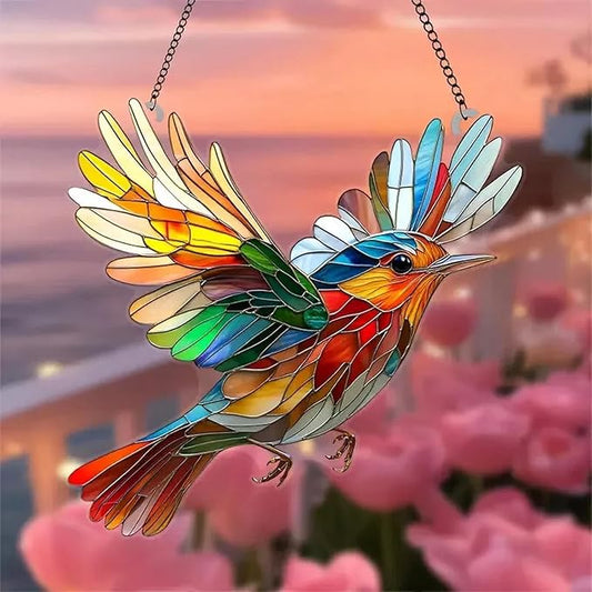 7.8inch Stain Glass Sun Catcher Window Hanging Bird Suncatchers with Metal Chain，Hummingbird Suncatcher Double Side Window Ornament Decoration Indoor Outdoor Ornament for Garden Home Housewarming Gift