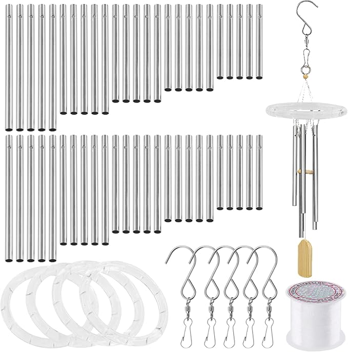 Swpeet 60Pcs Wind Chime Tubes Parts and Transparent Top Circles of Wind Chime with 100 Yard Wind Chime Wire and Swivel Hooks Clips Making