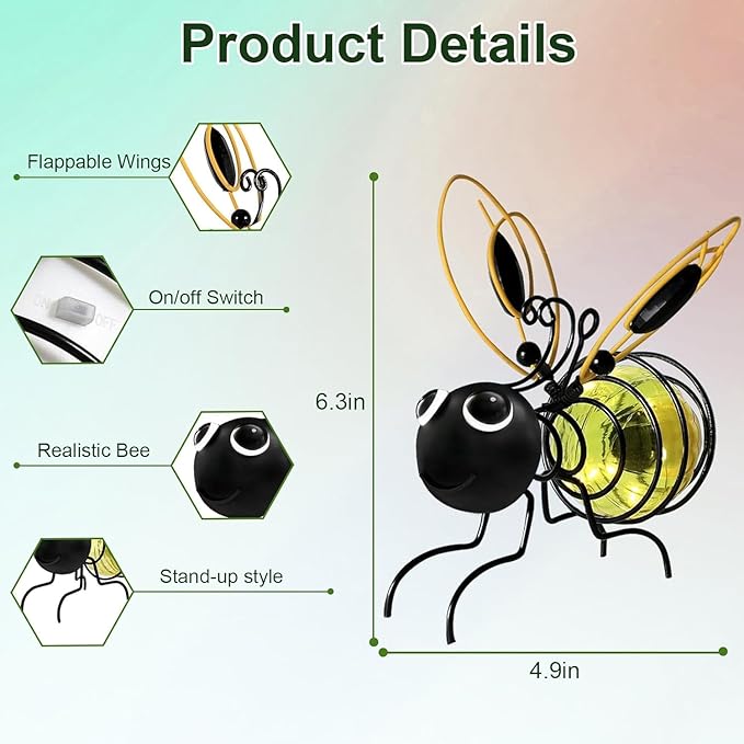 EVOLUX Hanging Bee Solar Garden Lights Decor for Outside, Outdoor Statues Figurine Lights Decorations for Patio Balcony Yard Ornament Housewarming(2 pcs)