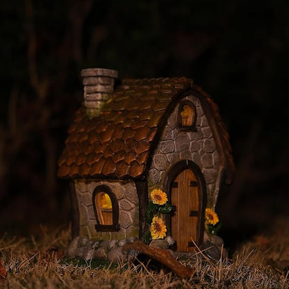 Zayton Garden House Statues Outdoor with Light Yard Resin Decoration Gift Handmade Housewarming Gift for Patio Yard Lawn Waterproof Cracking