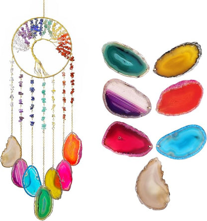 Yoption Tree of Life Agate Slice Wind Chime, Handmade 7 Chakra Healing Crystal Stone Wind Chime for Home Wall Garden Decorative Ornament, Unique Gift