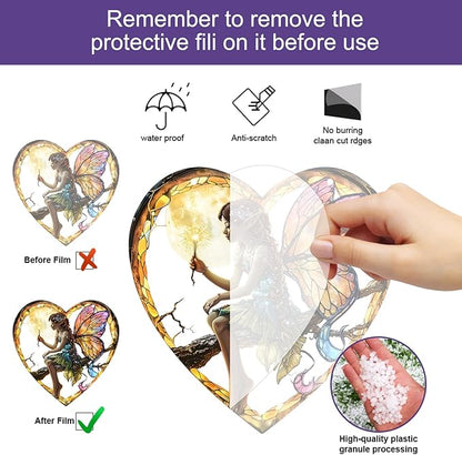 1PC Flower Fairy Acrylic Stained Glass Suncatcher Nature Heart-Shaped Magic and Butterfly Girls Suncatcher Hanging Decoration with Cord SunCatchers for Window Decor Outdoor Garden Decor Gift (Yellow)