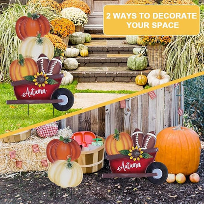 YEAHOME Fall Decorations Outdoor, Stacked Pumpkin Football Wheelbarrow Decorative Garden Stakes, Autumn Metal Cart Yard Signs for Home Outside Garden Lawn Porch Decor, Thanksgiving Decorations
