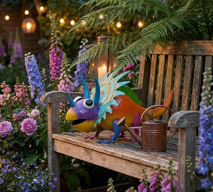 Metal Triceratops Dinosaur Garden Colorful Enanemeled Statue Outdoor Decoration, Patio and Lawn Ornament, Indoor Decor, Sculpture Yard Art