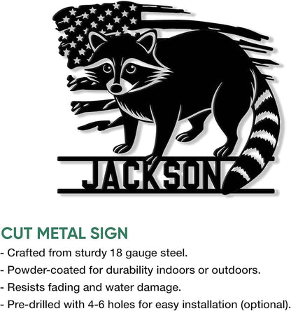 Personalized Raccoon Metal Sign, Raccoon USA Flag Hanging Sign Outdoor Porch Welcome, Custom Name - Wall Fence Yard Patio Home Office Decor Gift Birthday