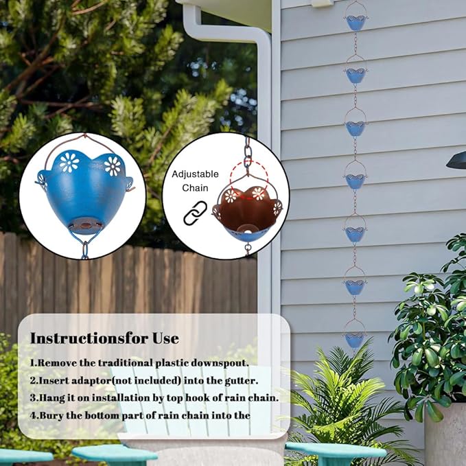 Lotus Rain Chains for Gutters, 8.2 FT Rain Chain with 10 Cups, Adjustable Rain Catcher Chain for Outside, Replacement Downspout for Gutters, Eaves, Drainage