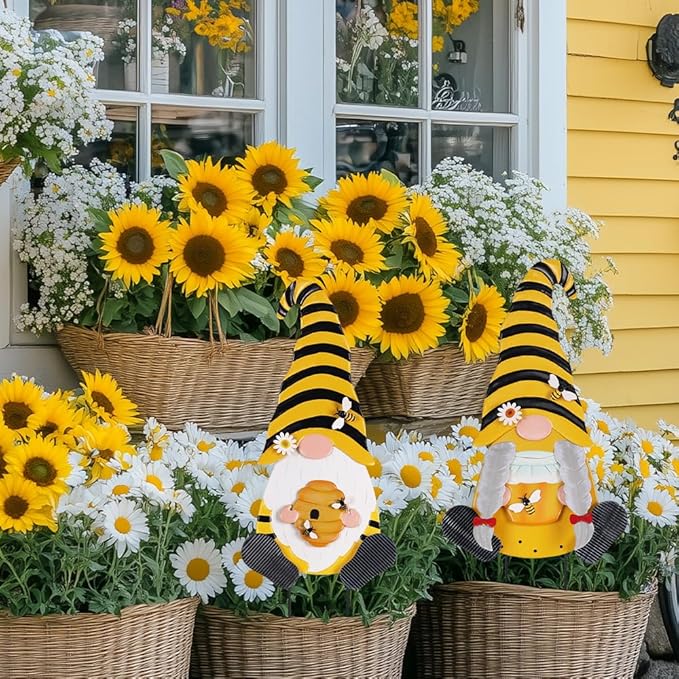 YEAHOME Metal Gnome Decorative Garden Stakes, 2 Pcs Outdoor Garden Decor with Honeybee Ornament Spring Decorations Yard Art Stakes for Indoor Outdoor Patio Lawn (Yellow & Orange)