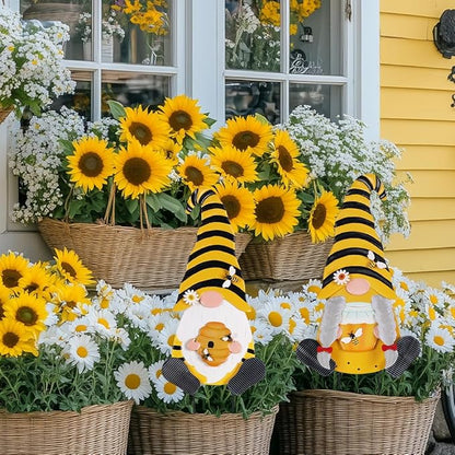 YEAHOME Metal Gnome Decorative Garden Stakes, 2 Pcs Outdoor Garden Decor with Honeybee Ornament Spring Decorations Yard Art Stakes for Indoor Outdoor Patio Lawn (Yellow & Orange)