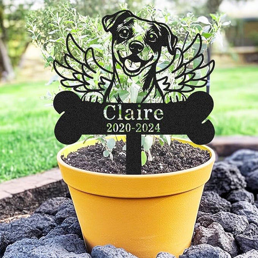 Custom Wings Dog Memorial Stake Bone Grave Marker, Personalized Jack Russell Terrier Memorial Garden Stake Yard Sign for Cemetery Lawn, Metal Sympathy Grave Marker for Dogs Memorial Plaque