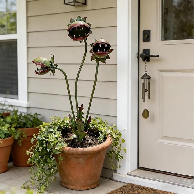 Whimsical Metal Carnivorous Plant Garden Stake 2026, 25-Inch Large Venus Flytrap Monster Plant Sculpture, Durable Yard Art for Flower Beds, Patios & Planters, Unique Quirky Garden Decor