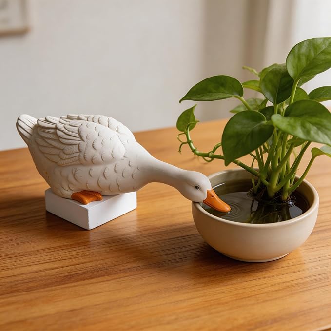 Porch Duck Statue Outdoor Decor,11.0''(D) Drinking White Duck Garden Sculptures for Yard Lawn,Resin Animal Figurines Home Patio Art Decorations