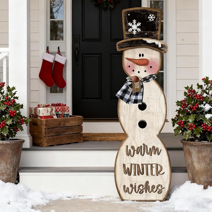 Winter Snowman Porch Sign Wooden Porch Decor Winter Christmas Nutcracker Snowman Front Door Welcome Standing Sign for Xmas Farmhouse Outdoor Yard Wall Hanging Decorations(42 Inch,Rustic)