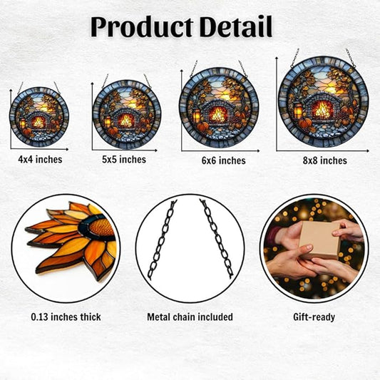 Cozy Autumn Fireplace Acrylic Suncatcher Stained Glass Effect Window Car Hanging Christmas Ornament Indoor Outdoor Decor Garden Sun Catcher Panel for Halloween Lover for Women Mom Grandma