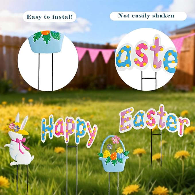 Easter decor Garden Stakes Set of 4,Easter decorations outdoor,Easter outdoor decorations yard,Metal easter yard decorations outdoor,Easter outdoor decorations, Easter Rabbit & Egg Yard Signs.
