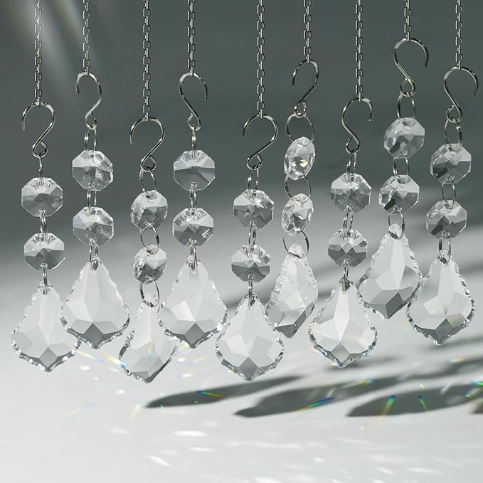 10pcs Crystal Sun Catcher, 38mm Clear Maple Leaf Crystal Chandelier Prism Pendant Parts, 50mm Suncatchers Hanging Crystals Beads for Chandelier Christmas Tree Decoration (Clear Maple Leaf)