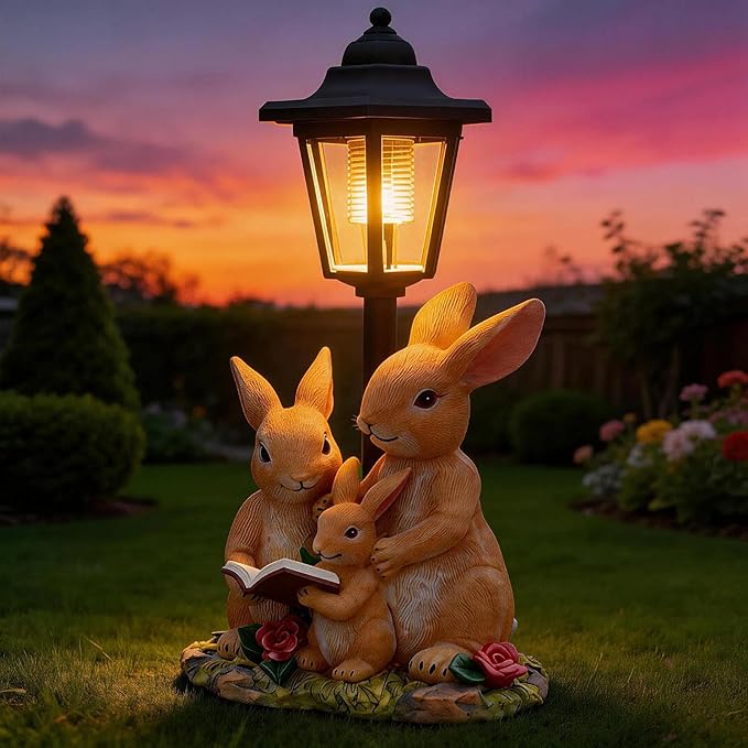 Garden Outdoor Decor Solar Statues Gifts Lights Yard Bunny Family Figurine Waterproof Resin Patio Pathway Lawn Ornament