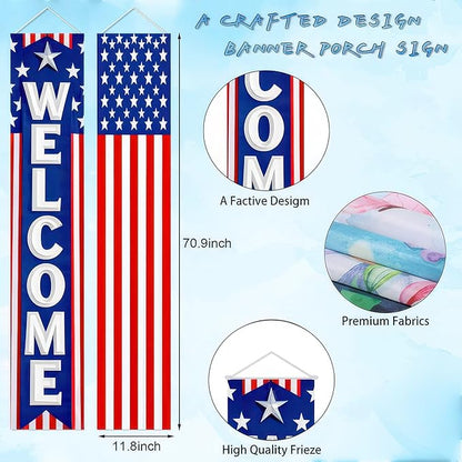 BlissYard 2Pcs Patriotic Decor Welcome Door Banner 4th of July Decorations American Banners Hanging Porch Signs for Independence Memorial Day Veterans Labor Day for Yard Indoor Outdoor Supplies